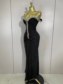 Crystal Embellished Off-Shoulder Maxi Dress – Black