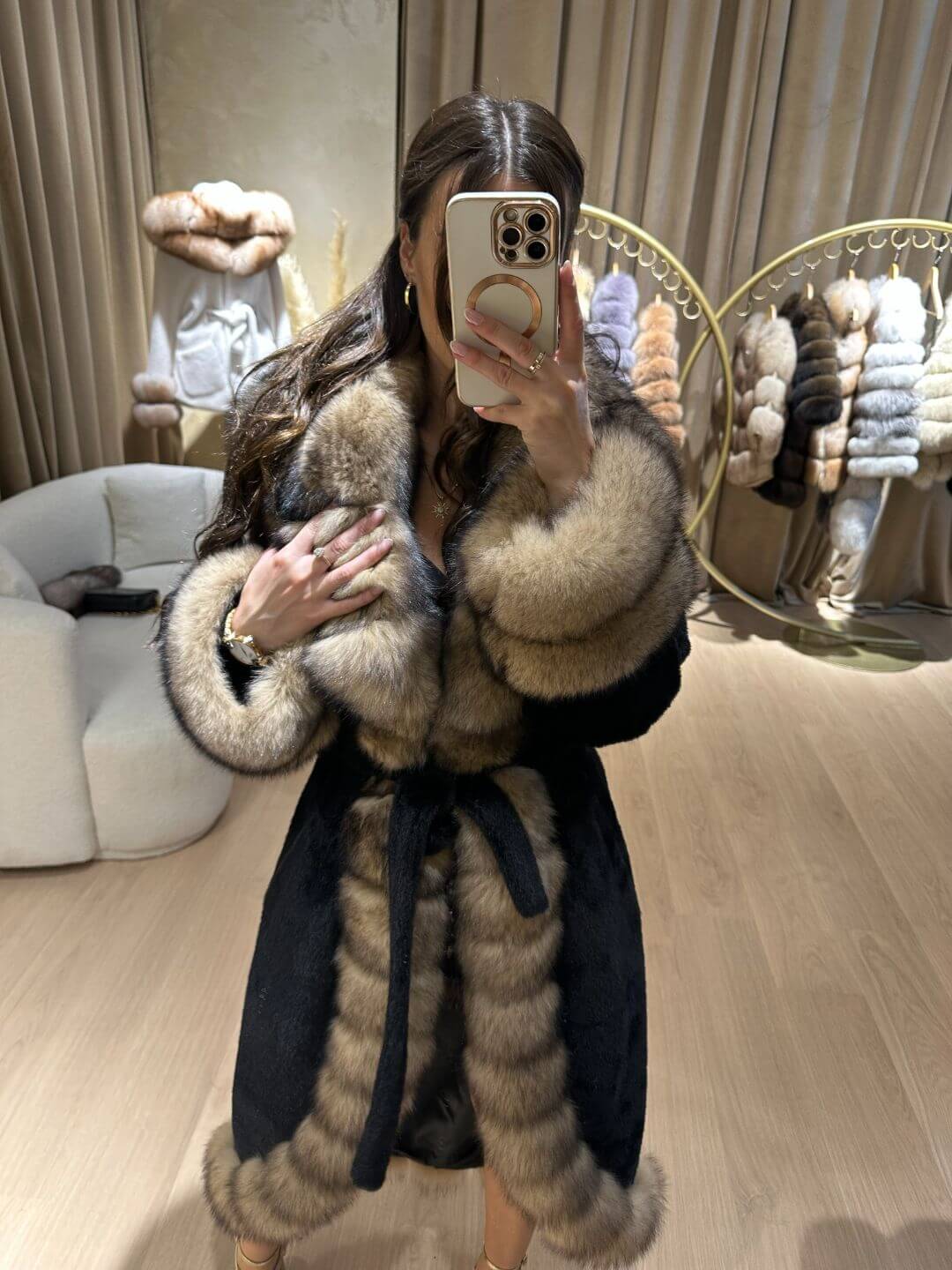 Real Fox Fur with Alkantara Coat in black