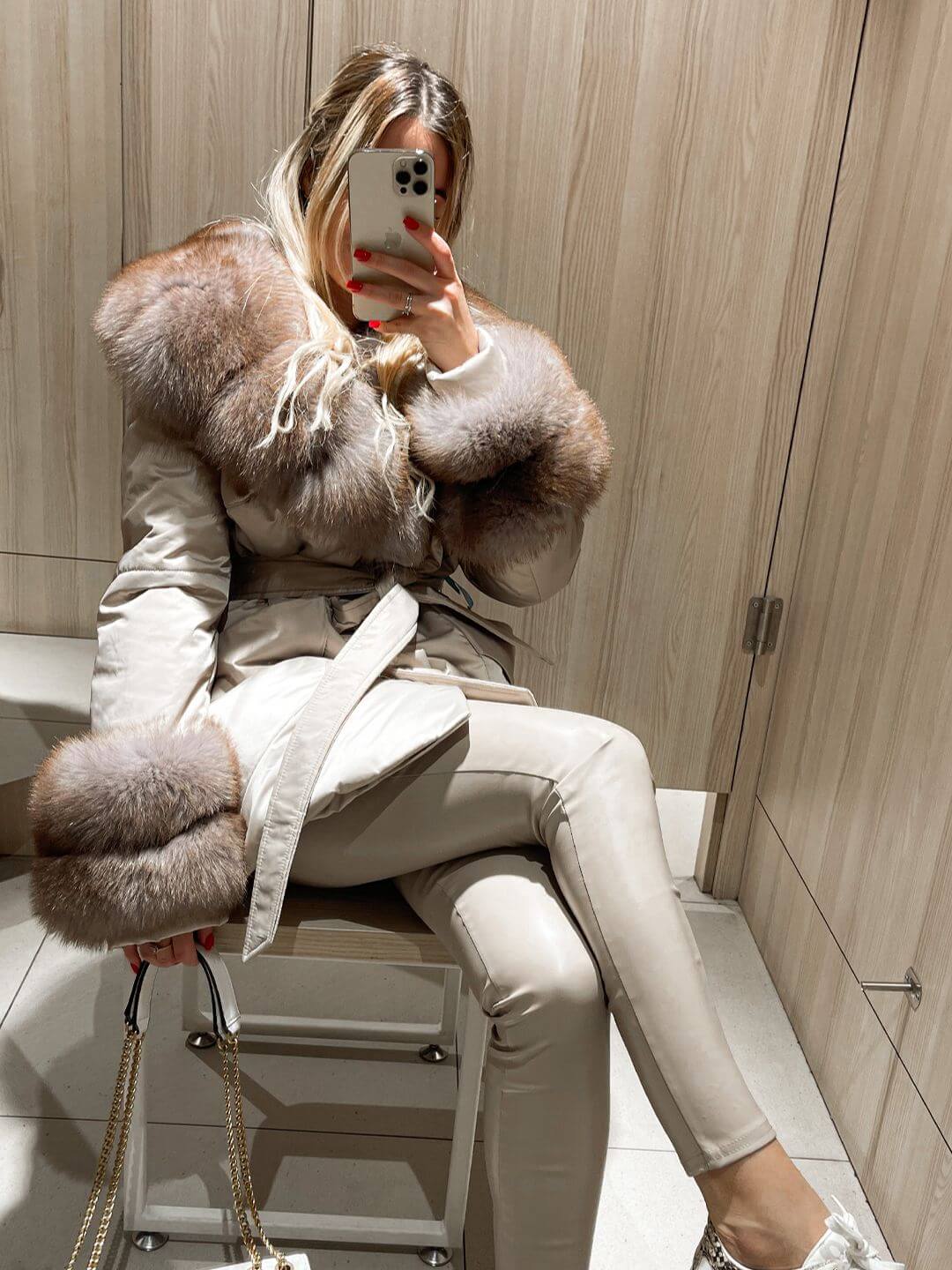 Beige Parka Fox Fur Jacket
