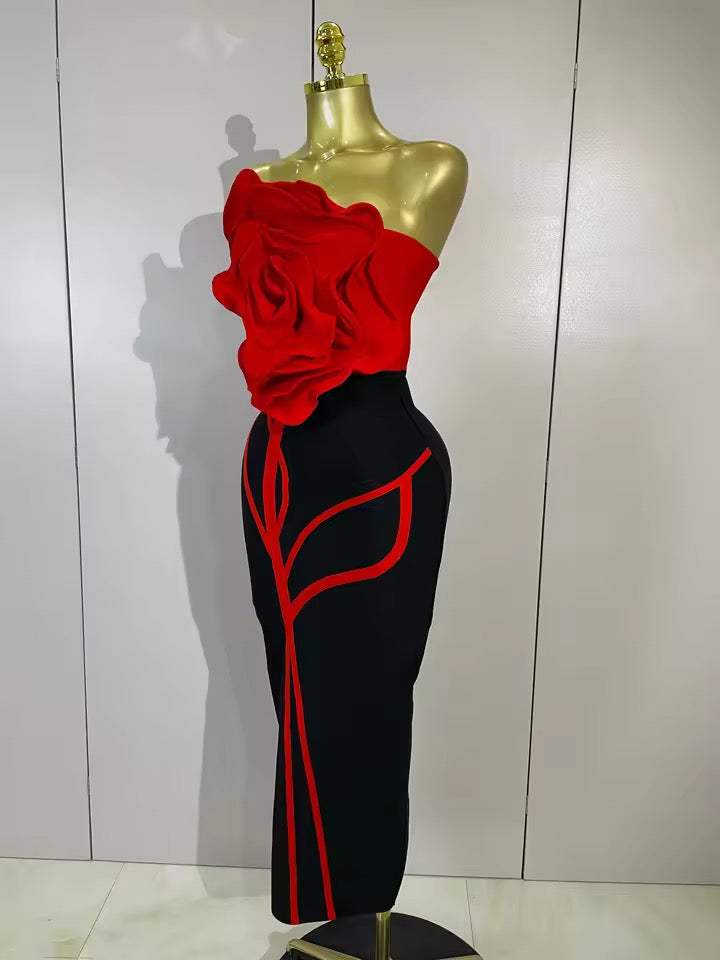 Crimson Bloom Strapless Midi Dress