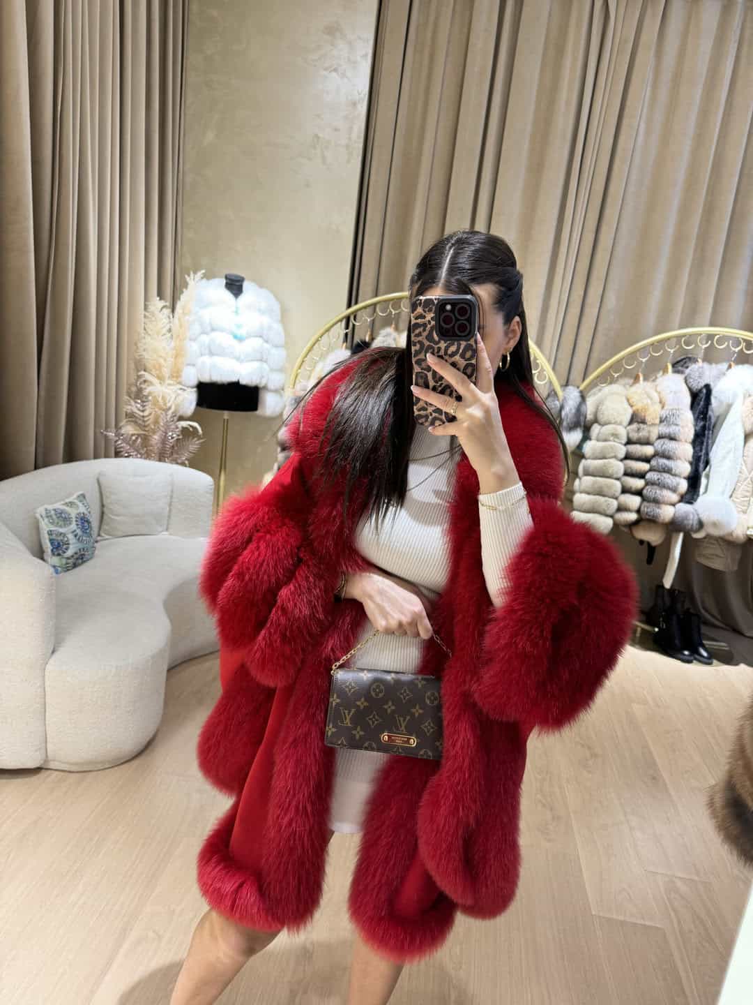 Fox Fur Cashmere Poncho in red