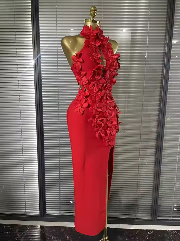 Red Floral Appliqué Midi Dress