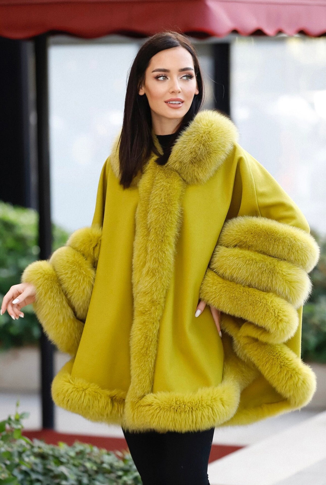 Fox Fur Cashmere Poncho in khaki