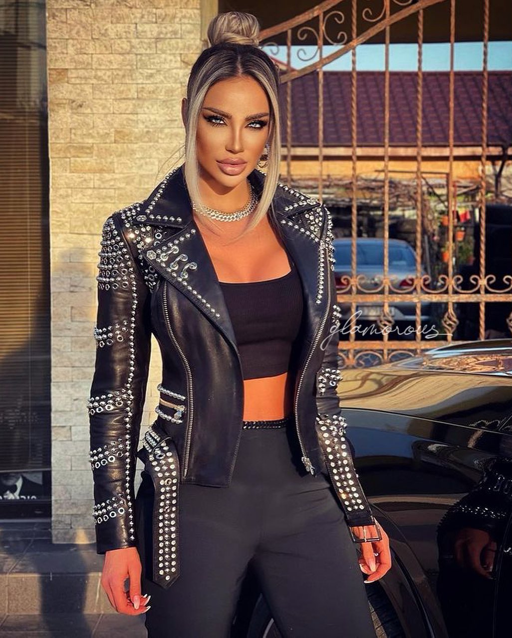 Genuine Leather Biker Jacket in black with studs