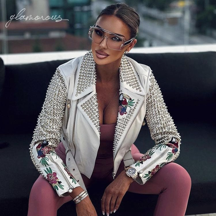 Genuine Leather Embroidered Biker Jacket in white