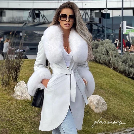 Fox Fur Genuine Leather Coat in white