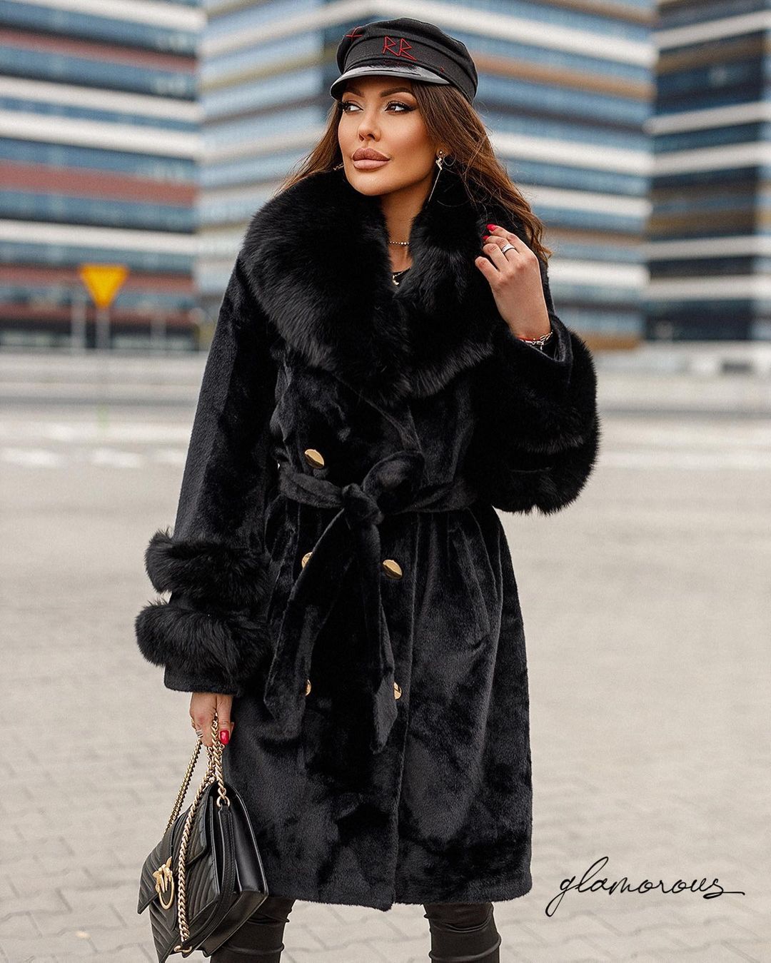 Fox Fur Alkantara Coat in black with belt