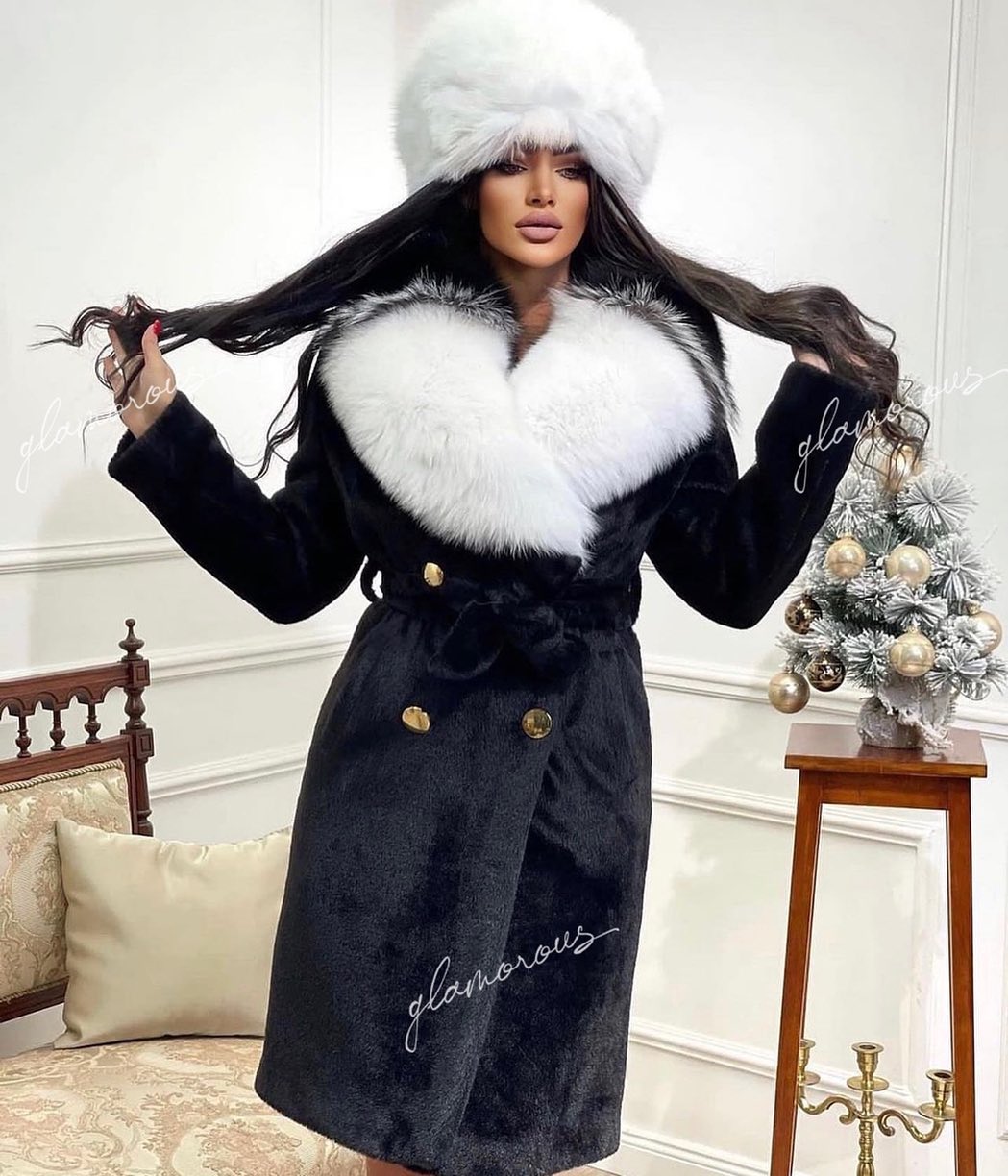 Fox Fur Alkantara Coat in white/black collar