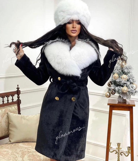 Fox Fur Alkantara Coat in white/black collar