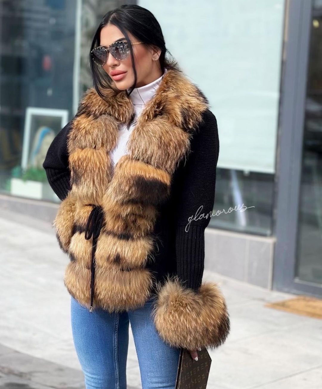 Raccoon Fur Cashmere/Knit Short Cardigan in black