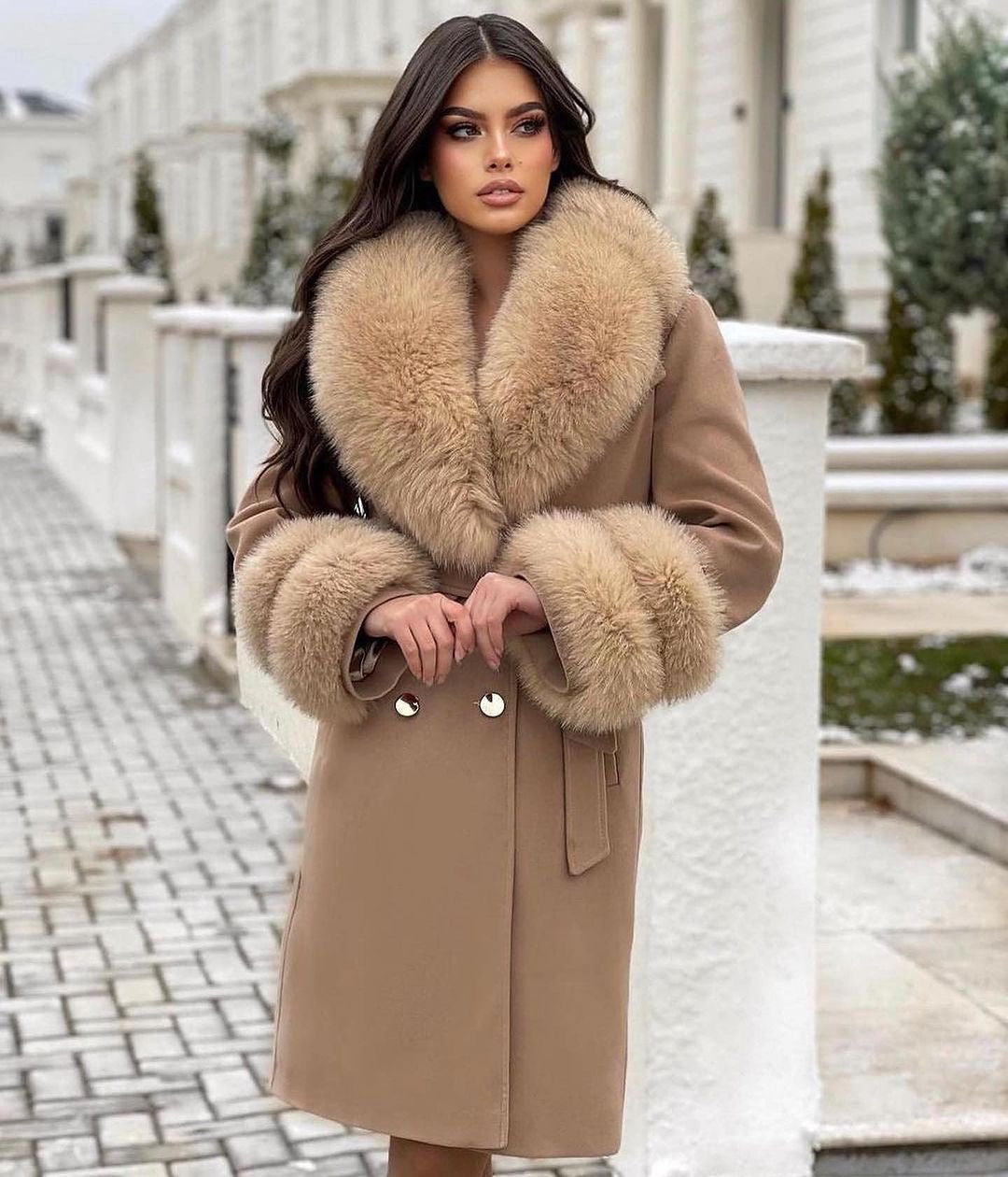 Fox Fur Cashmere Coat in camel