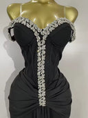 Crystal Embellished Off-Shoulder Maxi Dress – Black