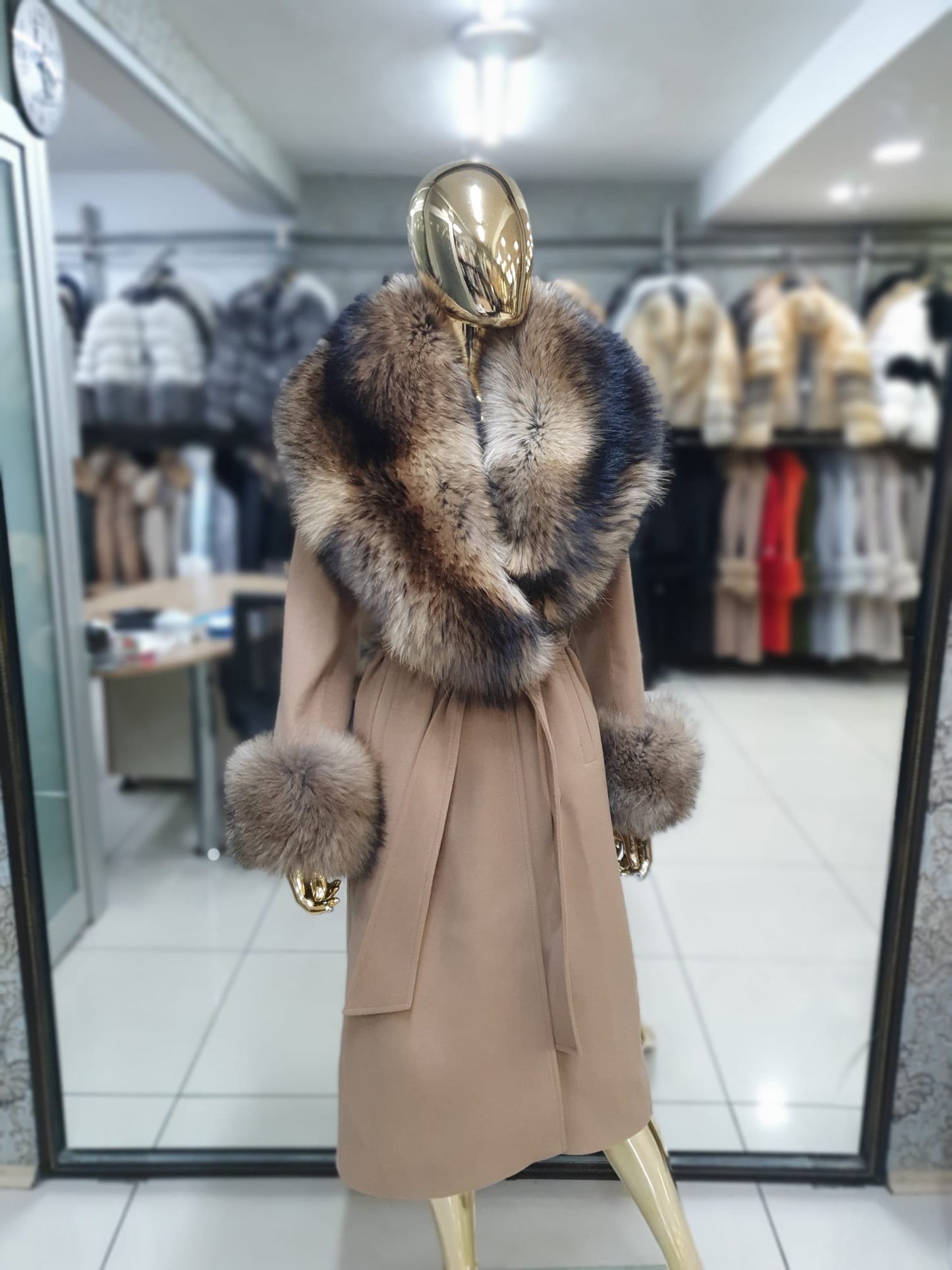 Raccoon Fur Cashmere Coat in beige