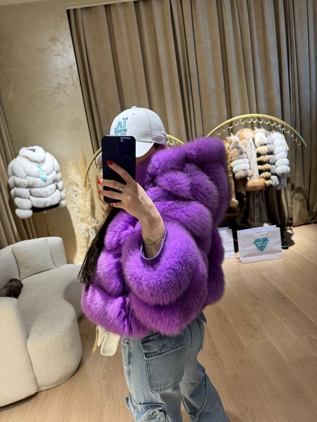 Rania Fox Fur Genuine Leather Jacket in purple