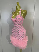Pink Crystal Halter Bandage Mini Dress