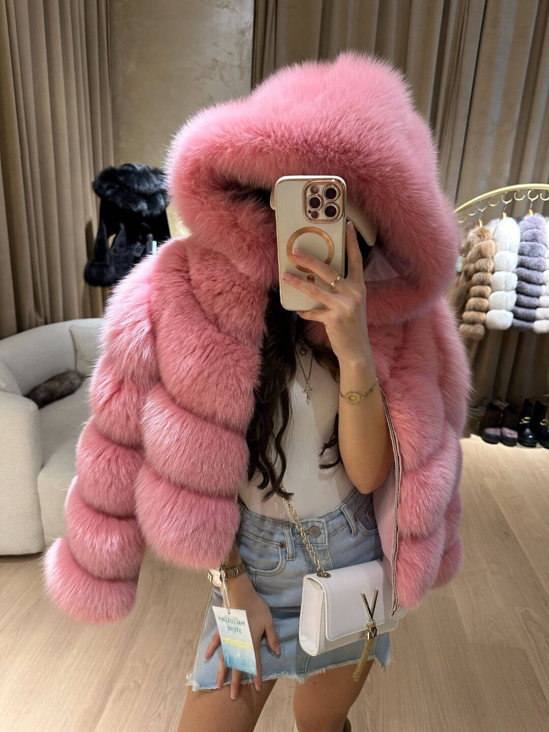 Rania Fox Fur Genuine Leather Jacket in pink