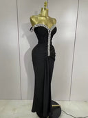 Crystal Embellished Off-Shoulder Maxi Dress – Black