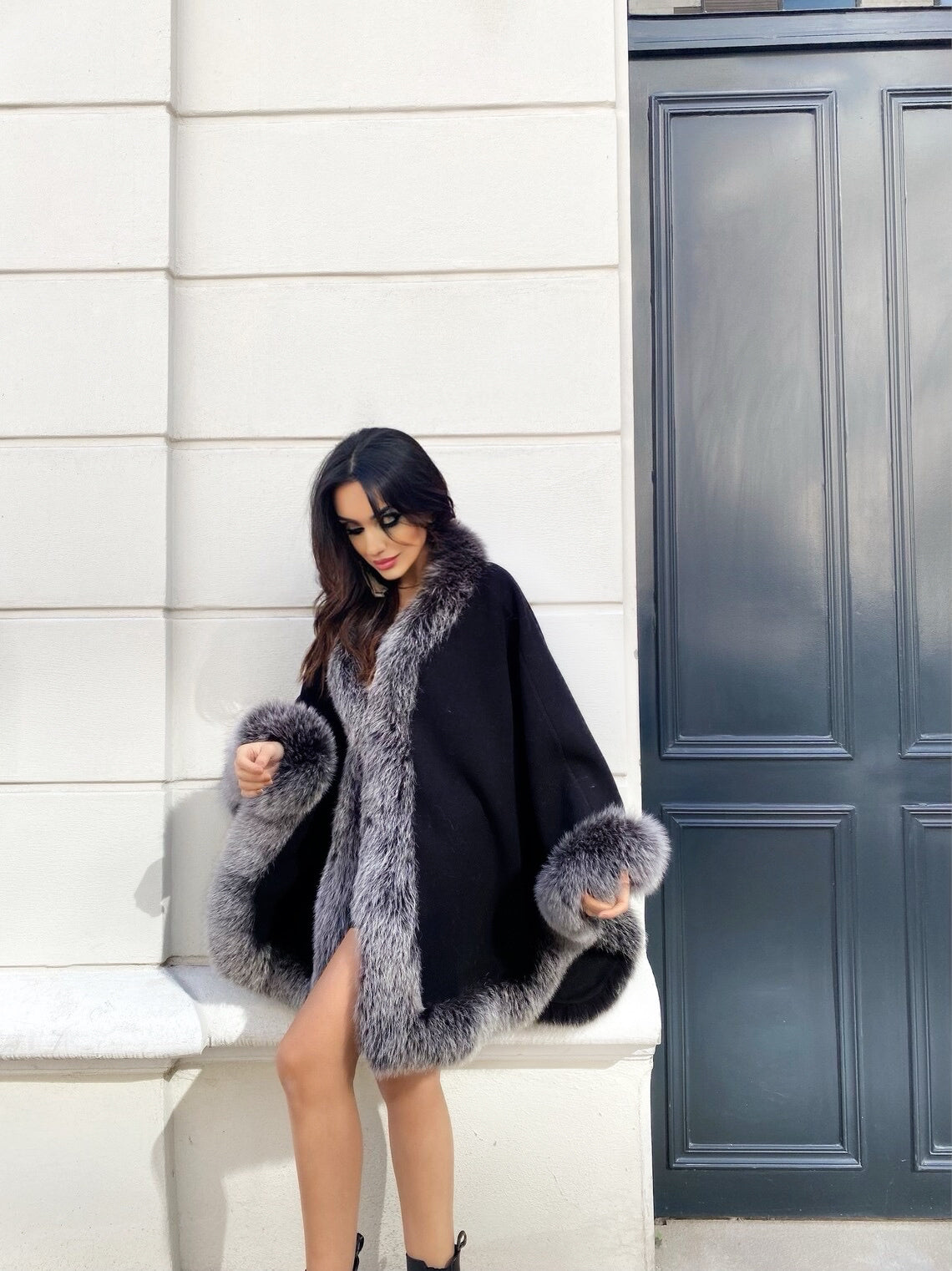 Silver Fox Fur Cashmere Poncho in black