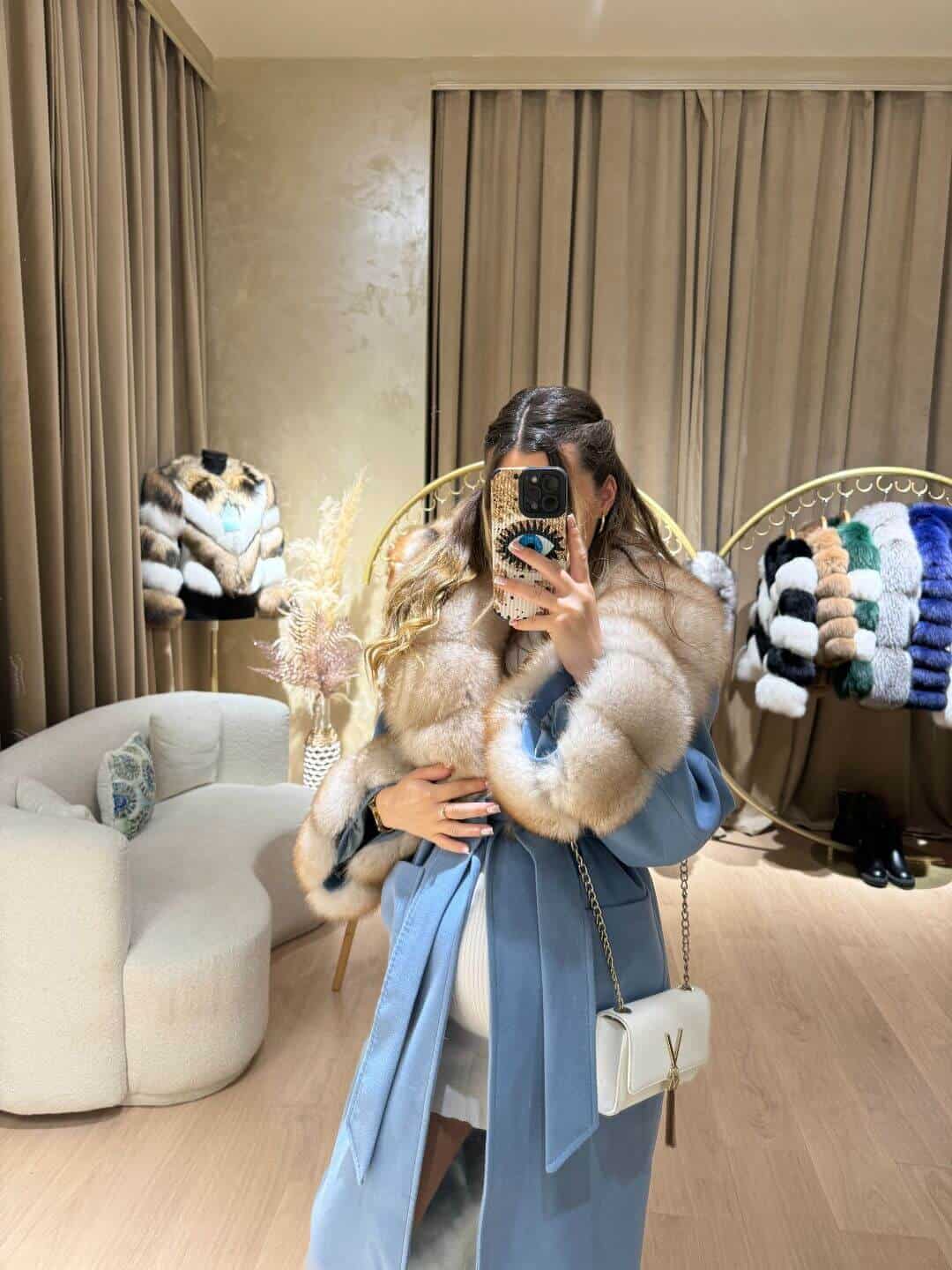 Real Fox Fur Cashmere Coat in baby blue