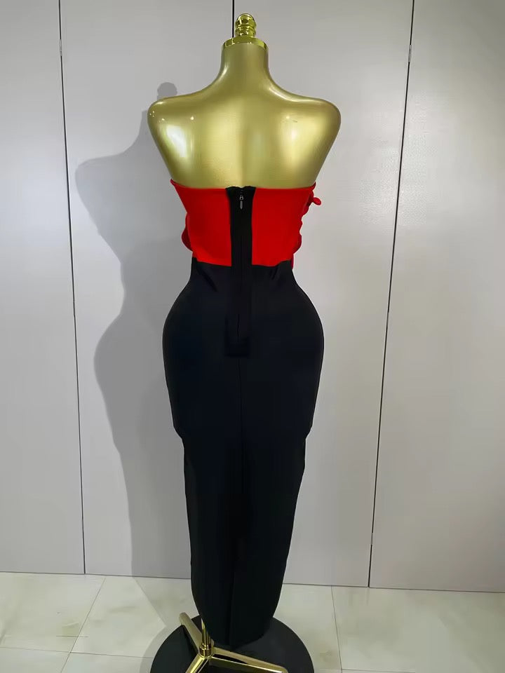 Crimson Bloom Strapless Midi Dress