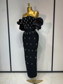 Off-Shoulder Pearl Embellished Bandage Midi Dress