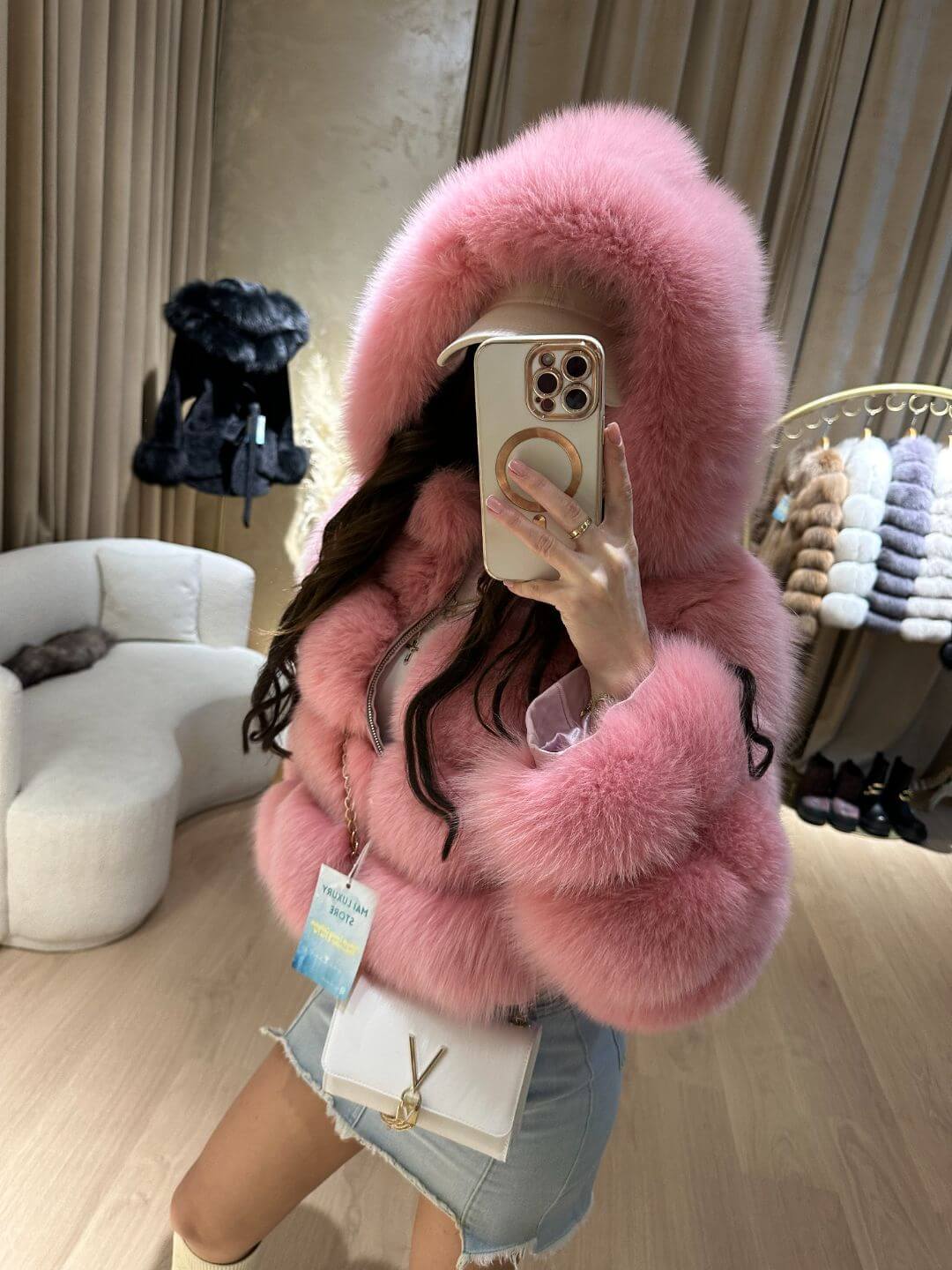 Rania Fox Fur Genuine Leather Jacket in pink