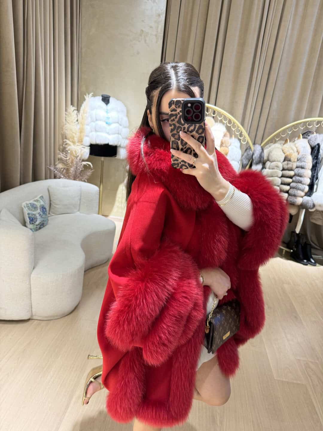 Fox Fur Cashmere Poncho in red