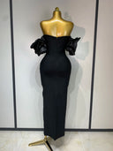 Off-Shoulder Pearl Embellished Bandage Midi Dress