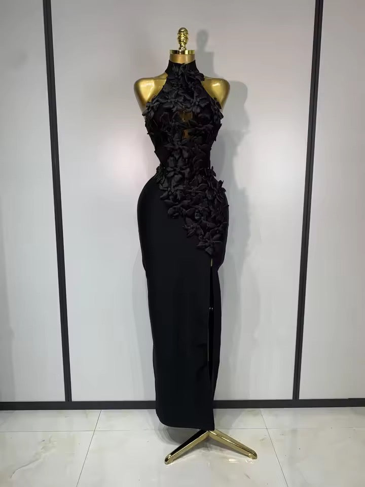 Floral Appliqué Halter Bandage Midi Dress