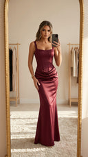 Burgundy Corset Satin Maxi Dress