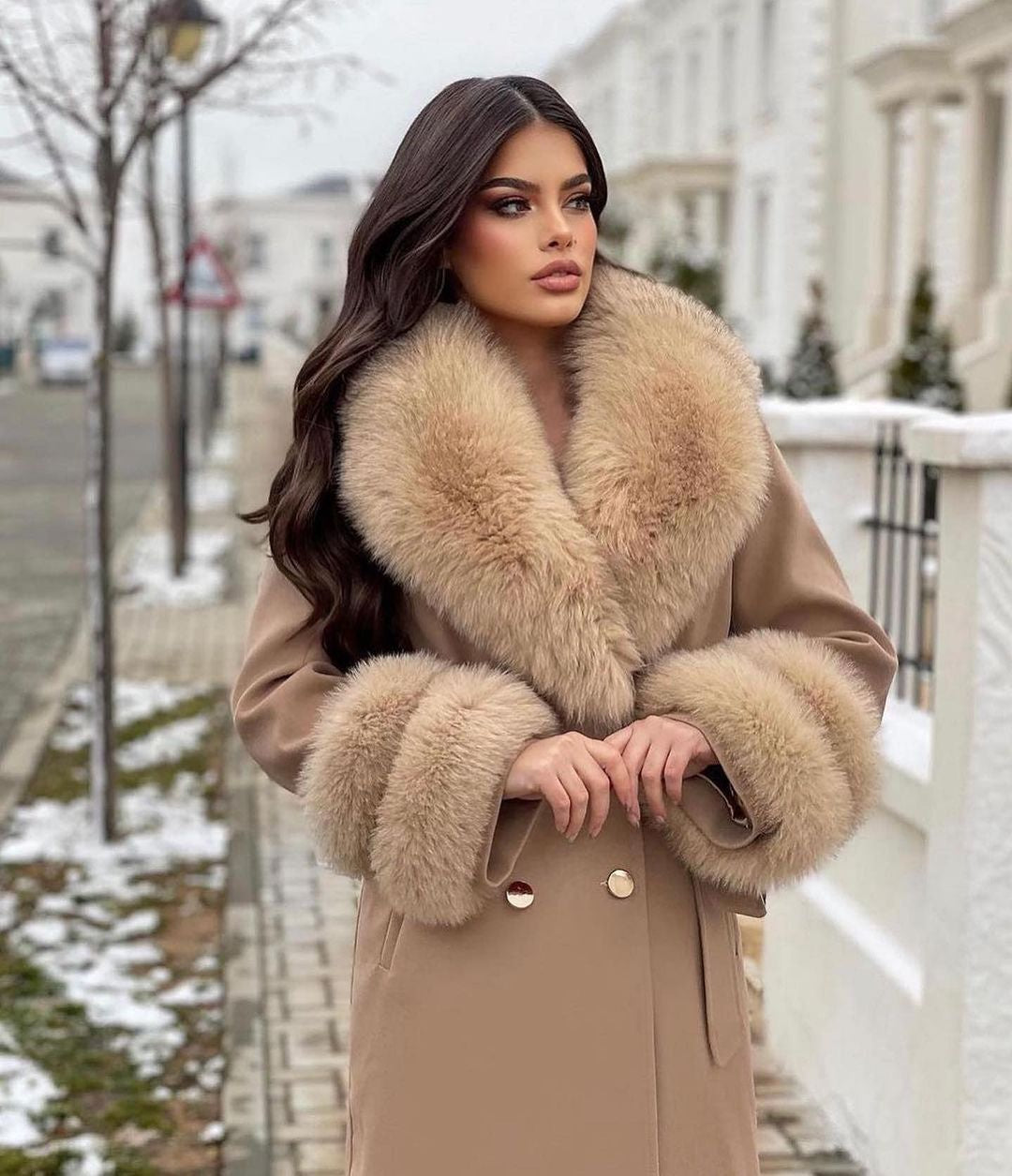 Fox Fur Cashmere Coat in camel