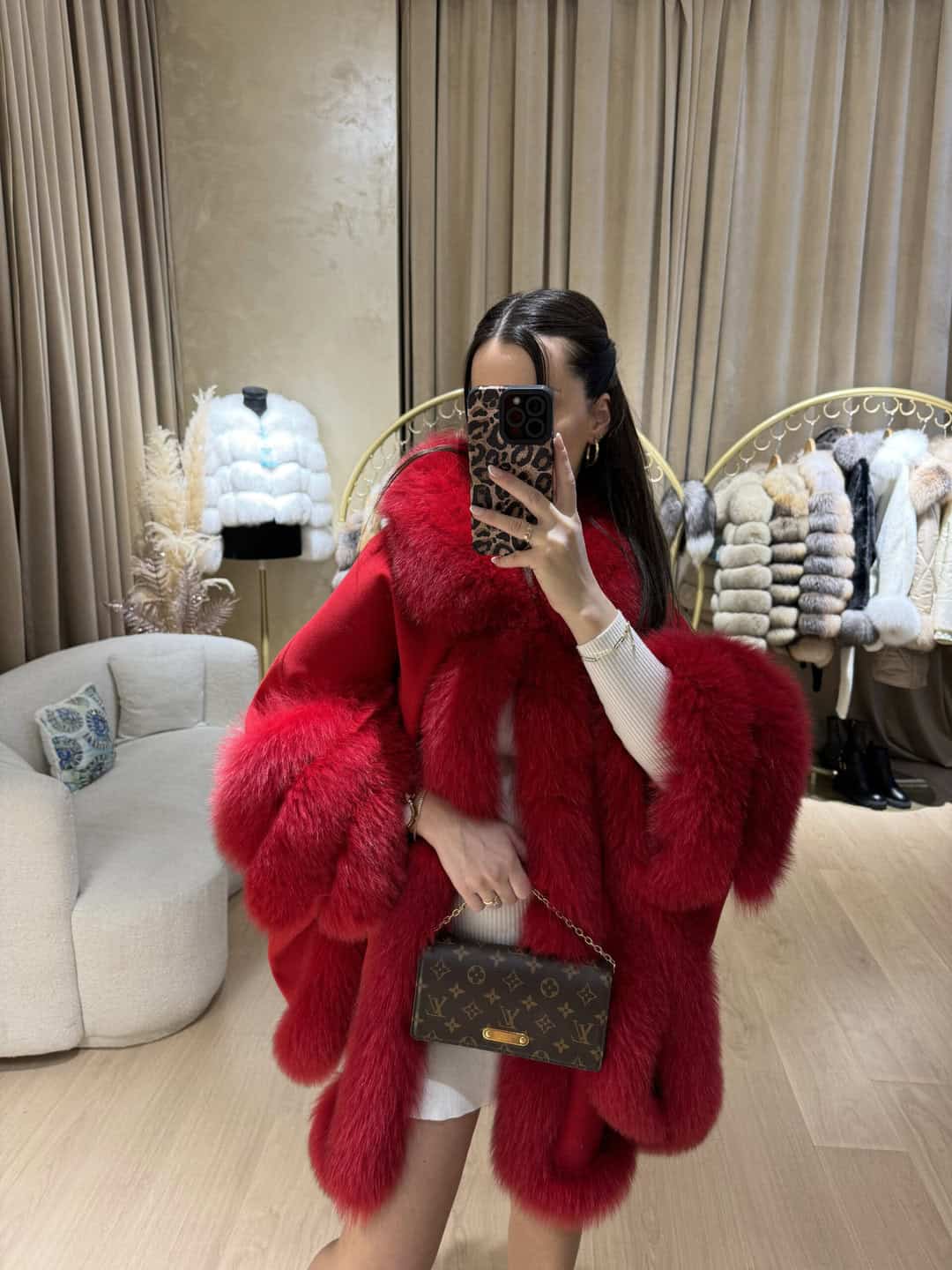 Fox Fur Cashmere Poncho in red