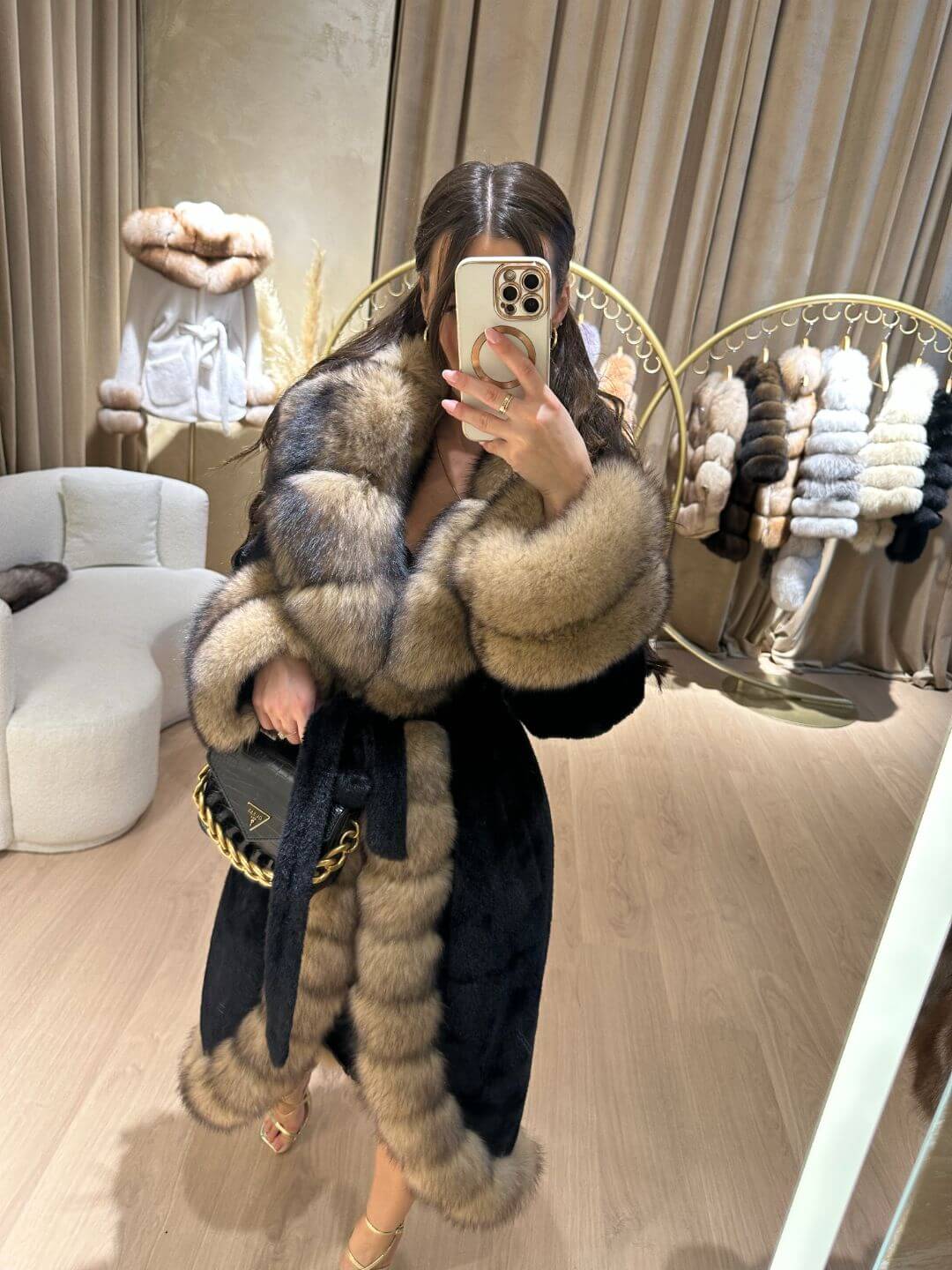 Real Fox Fur with Alkantara Coat in black