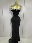 Crystal Embellished Off-Shoulder Maxi Dress – Black