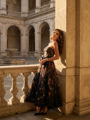 Midnight Floral Corset Maxi Dress with Bow