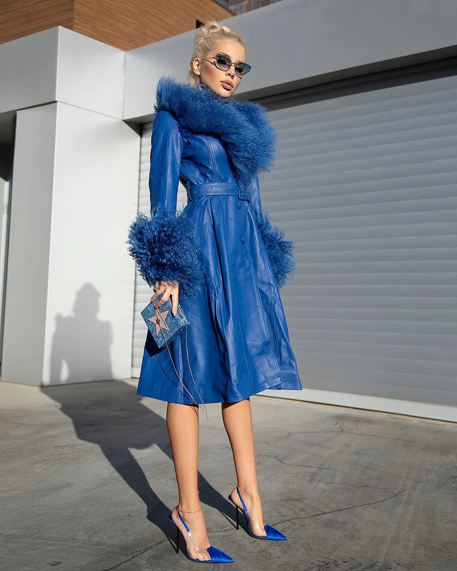 Magnolia Fur Genuine Leather Coat in blue