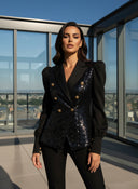 Vintage Puff Sleeve Sequin Double-Breasted Notched Blazer