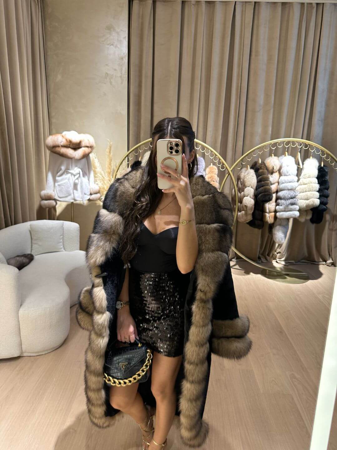 Real Fox Fur with Alkantara Coat in black