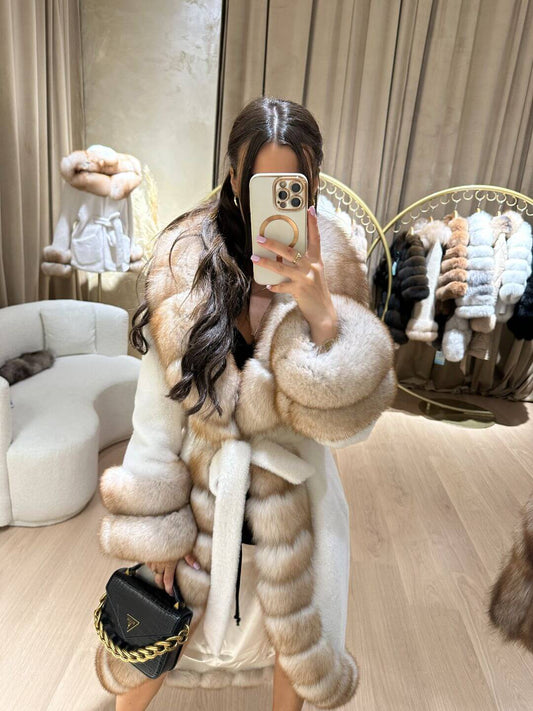 Real Fox Fur with Alkantara Coat in white