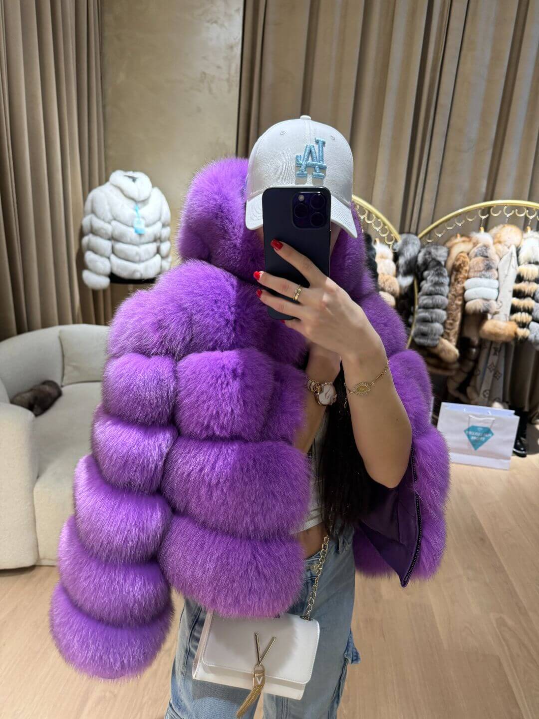 Rania Fox Fur Genuine Leather Jacket in purple