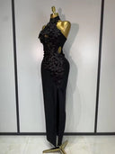 Floral Appliqué Halter Bandage Midi Dress