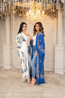 Embroidered Wool Abaya in White/Turquoise