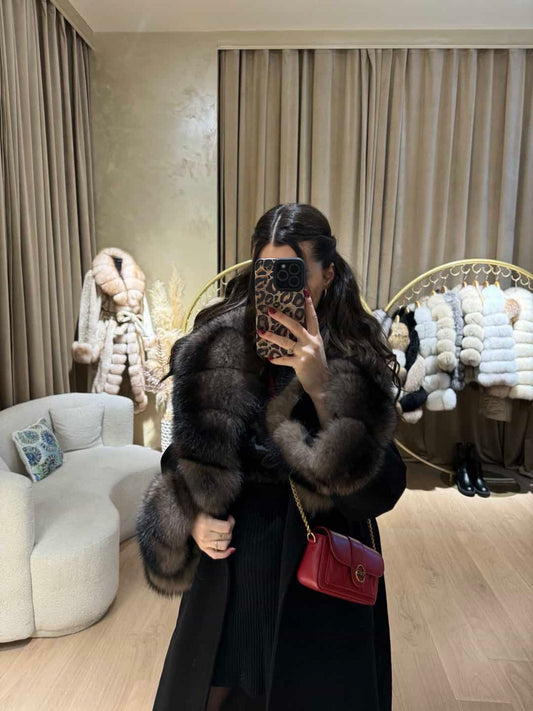 Real Fox Fur Cashmere Coat in black