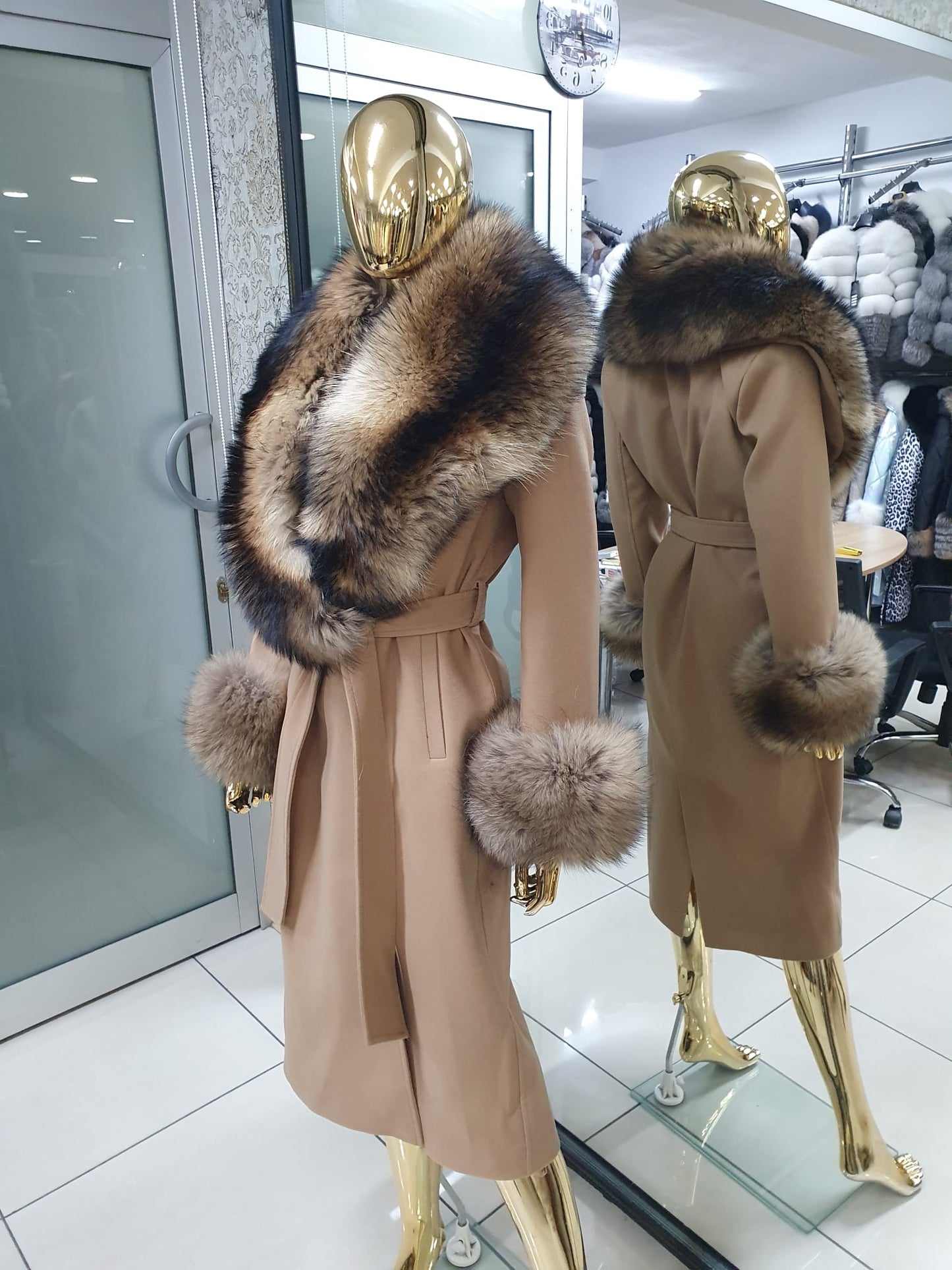 Raccoon Fur Cashmere Coat in beige