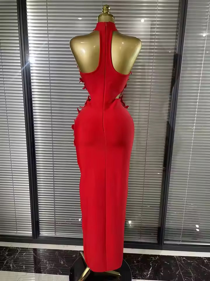Red Floral Appliqué Midi Dress