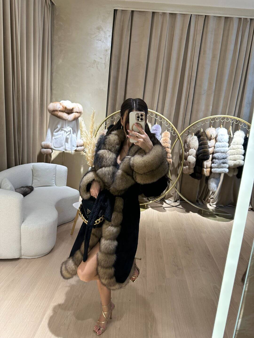 Real Fox Fur with Alkantara Coat in black