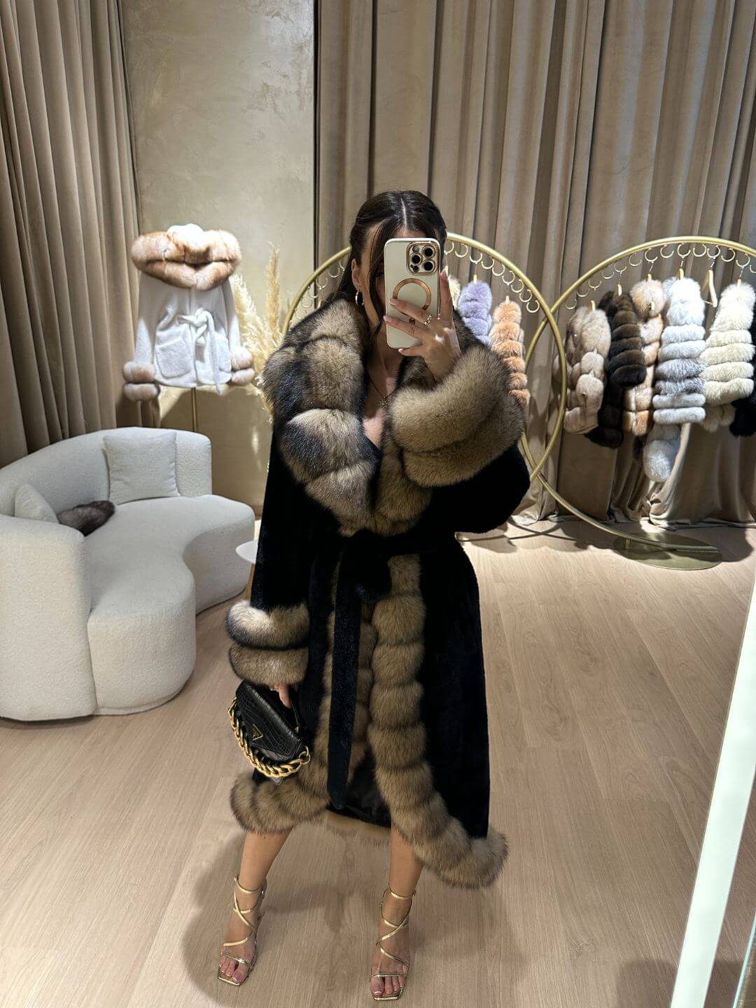Real Fox Fur with Alkantara Coat in black