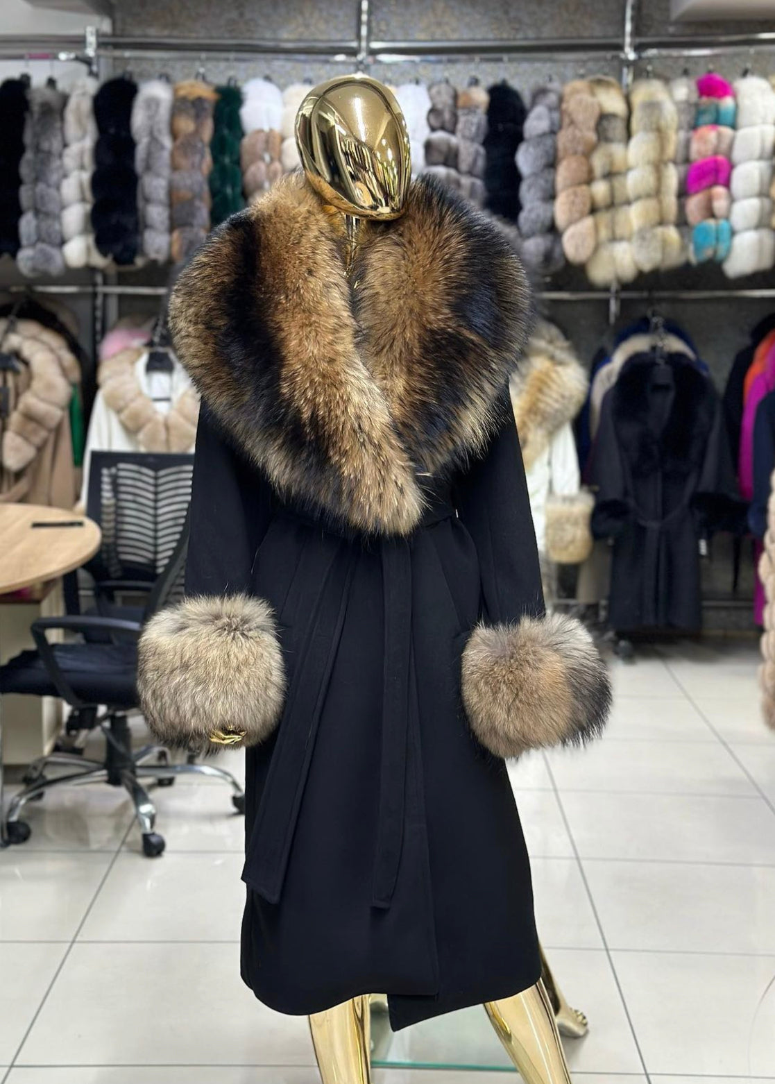 Raccoon Fur Cashmere Coat in beige