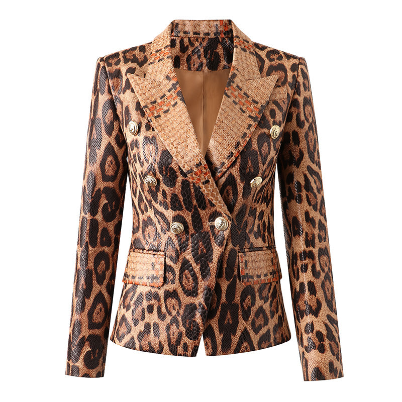 Double Breasted Leopard Leather Blazer