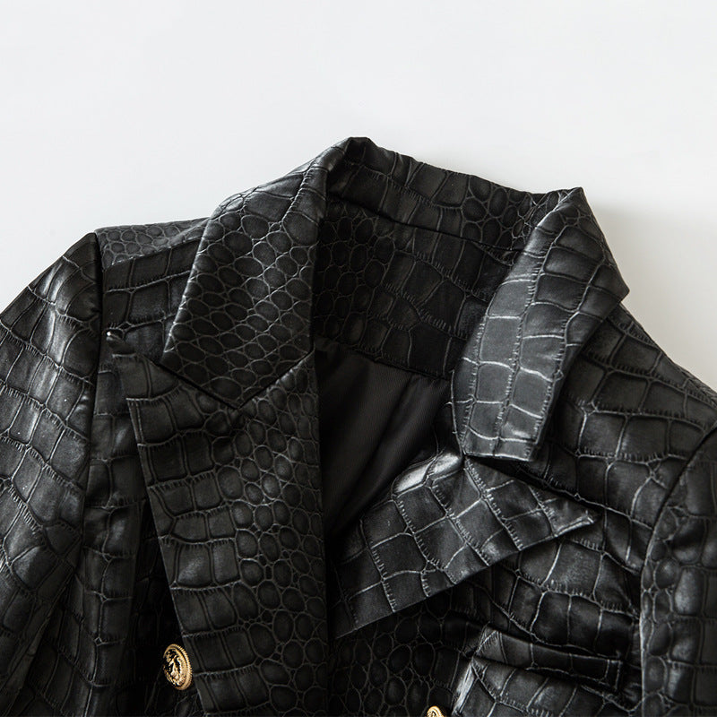 Double Breasted Black Leather Blazer